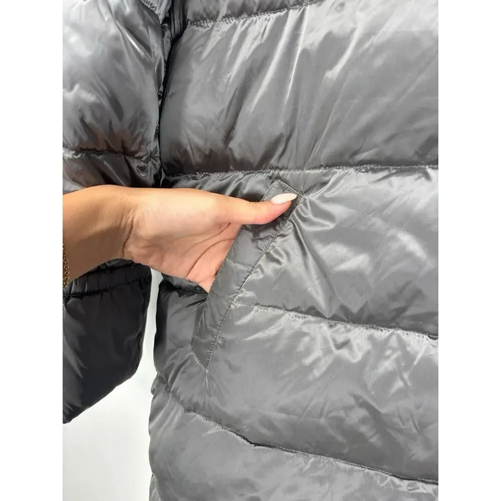 Martha Stewart Metallic Puffer Coat with Faux Fur Details Womens L Silver